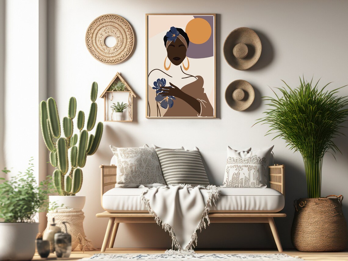Boho Woman Headwrap Hoops Blue Flowers Sun Goddess Floral Art Print - Image 2
