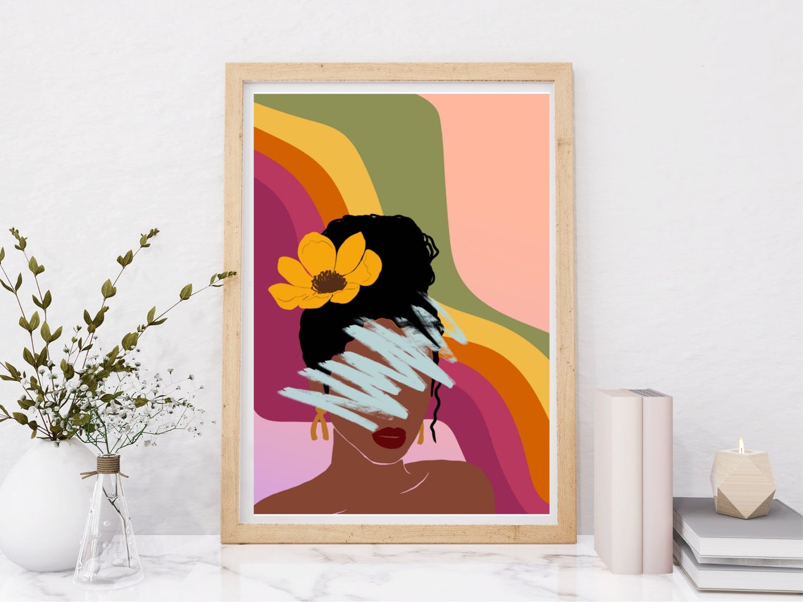 Flower Crown Woman Retro Rainbow Scribble Abstract Art Poster - Image 3