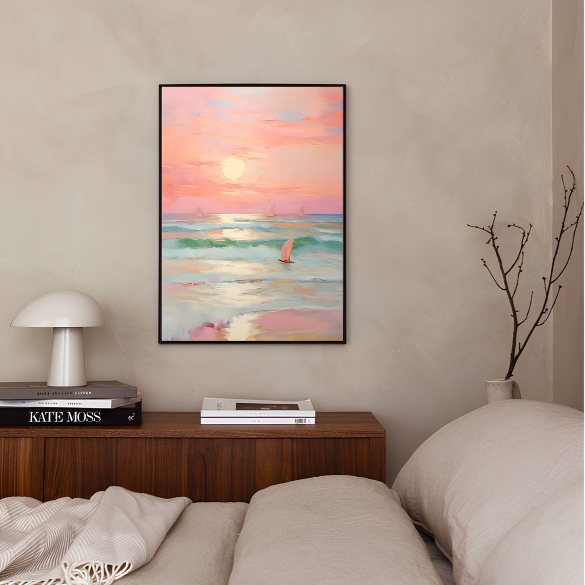 Pink Pastel Beach Sunset Sailboats Dreamy Coastal Painting Poster - Image 3