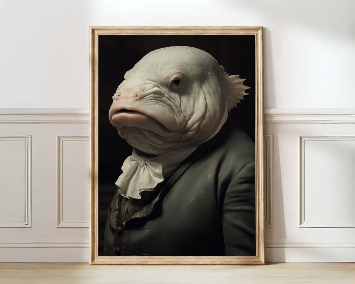 Blobfish Victorian Animal Portrait, Vintage Fish Poster