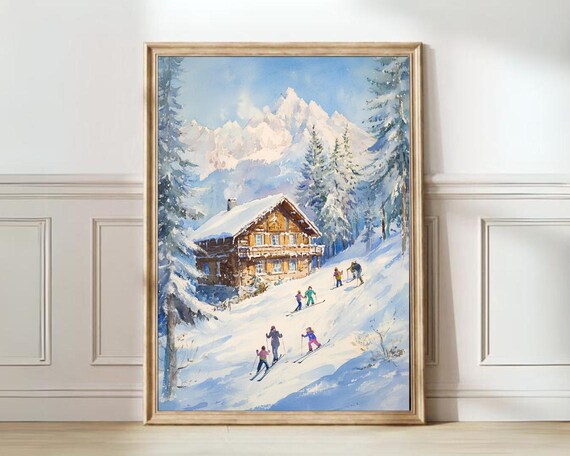 Vintage Winter Cabin Watercolor Skiers Snowy Mountain Poster