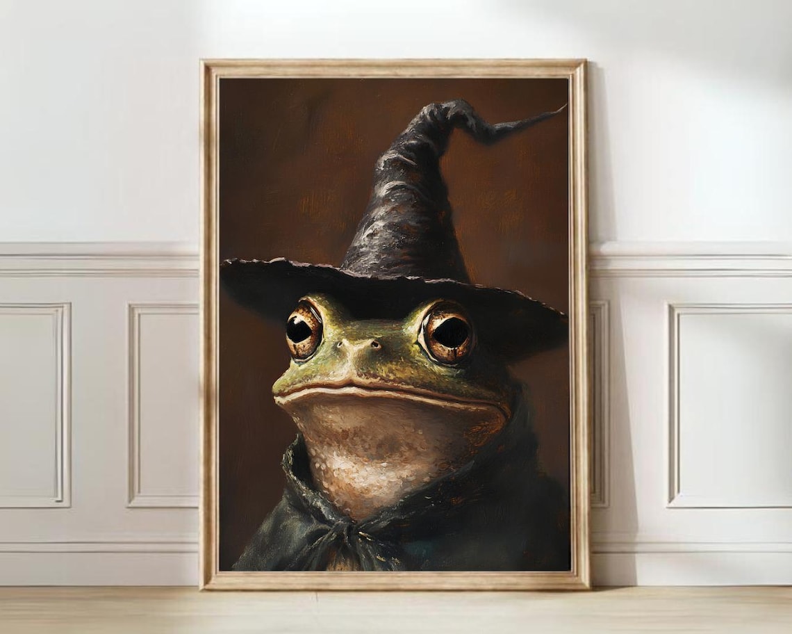 Vintage Frog Wearing Witch Hat Oil Painting Halloween Animal Poster