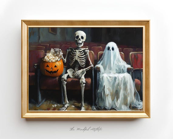 Halloween Print Skeleton In Theatre Print Ghost In Cinema Print Moody Vintage Painting Halloween Decor Skeleton Painting Ghost Painting