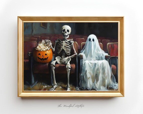 Skeleton And Ghost Watching Movie At Cinema Halloween Night Poster