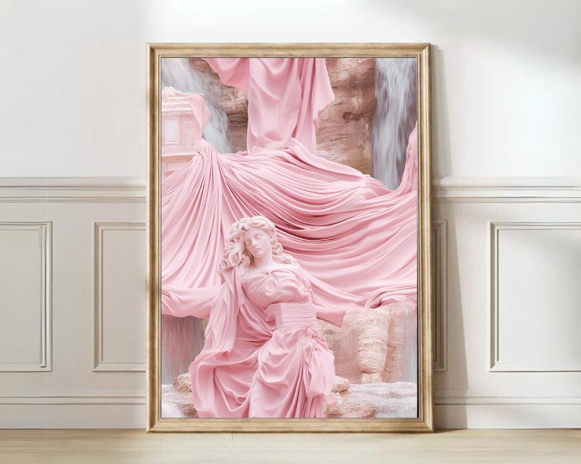 Pink Trevi Fountain Statue Romantic Italian Landmark Art Poster