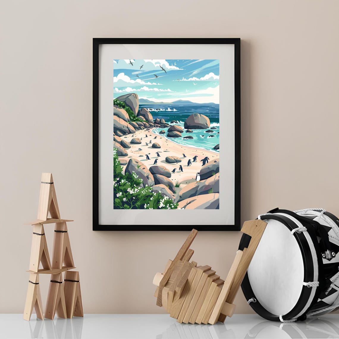 South Africa Print South Africa Illustration Boulders Beach Print Penguin Print South Africa Travel Poster South Africa Gift Baby Penguins - Image 3