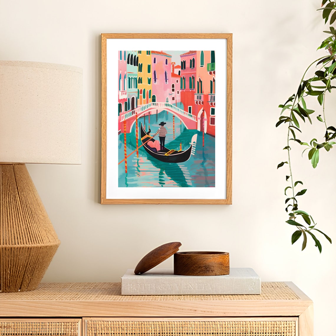 Venice Gondola Under Bridge with Colorful Pastel Palazzos Poster - Image 2