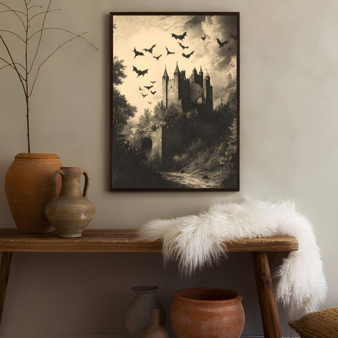 Haunted Castle Bats Sepia Vintage Etching Halloween Art Poster - Image 3
