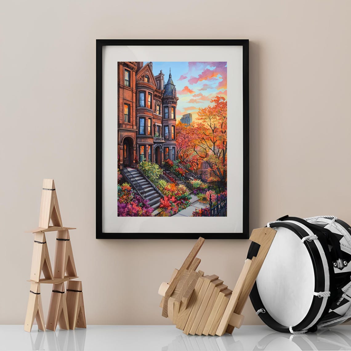 Chicago Brownstones Autumn Sunset Watercolor Fall Foliage Poster - Image 2
