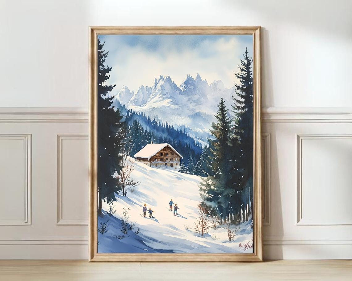Snowy Mountain Cabin Watercolor Skiers Dramatic Alpine Peak Poster