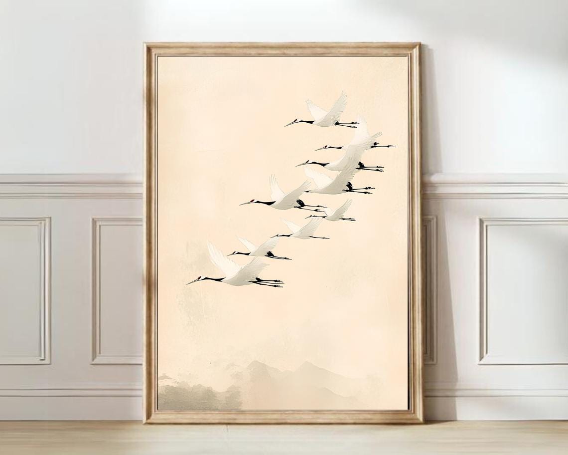 Elegant Japanese White Cranes Flight Minimalist Birds Poster