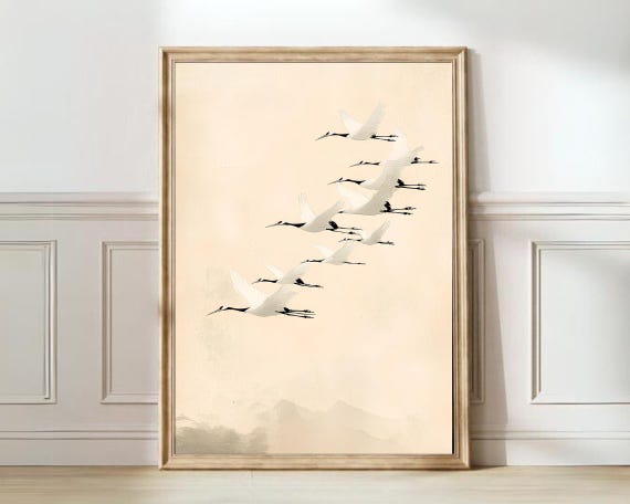 Japanese Crane Art Vintage Japanese Print Crane Painting Pastel Bird Print Vintage Neutral Print Japandi Print Wabi Sabi Print