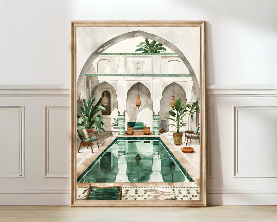 Morocco Riad Swimming Pool Watercolor Art Print