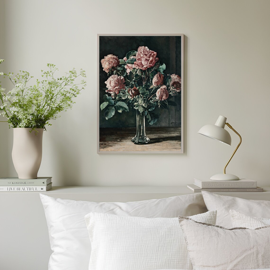 Blush Pink Roses Bouquet in Vase Dark Moody Vintage Floral Print - Image 3
