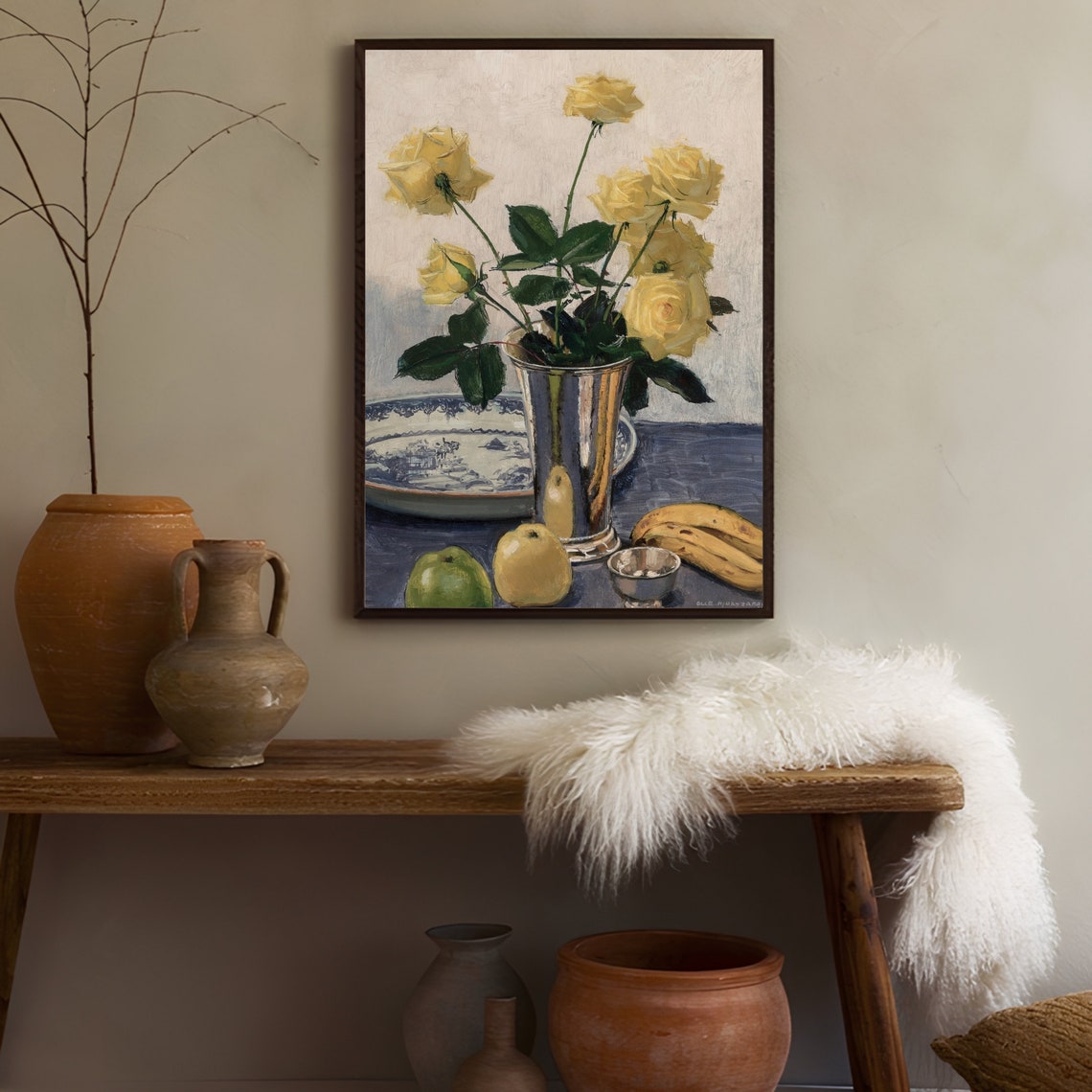 Yellow Roses in Silver Vase with Fresh Fruit Classic Still Life Print - Image 2