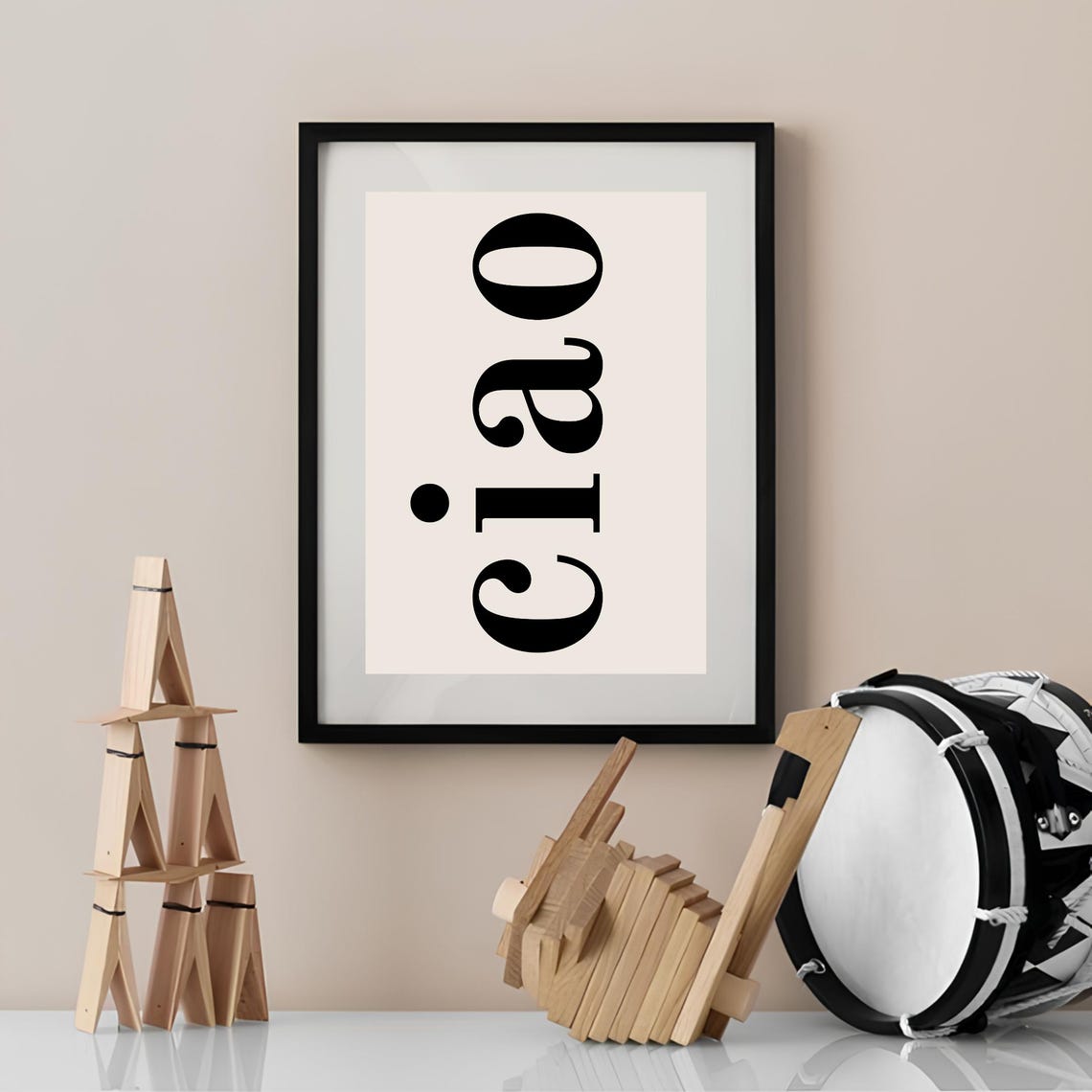 Ciao Minimalist Black Serif Greeting Typography on Beige Wall Art - Image 2