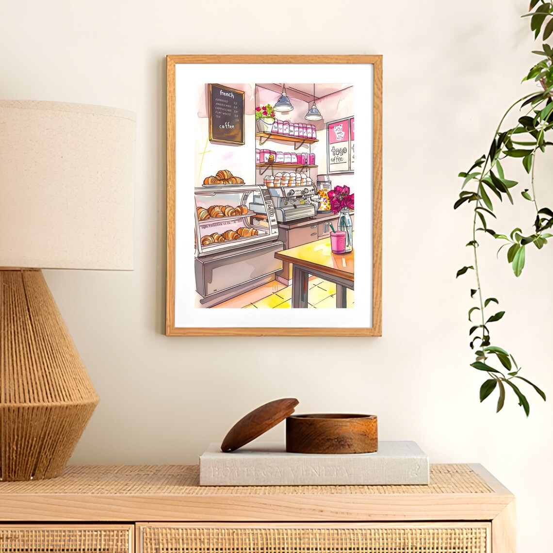 Pink Parisian French Cafe Interior Croissant Watercolor Poster - Image 2