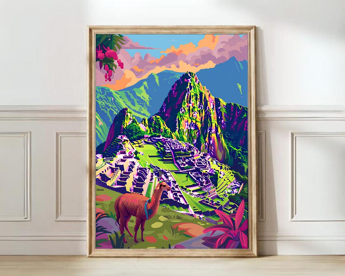 Machu Picchu Peru with Llama Vibrant Ancient Ruins View Poster