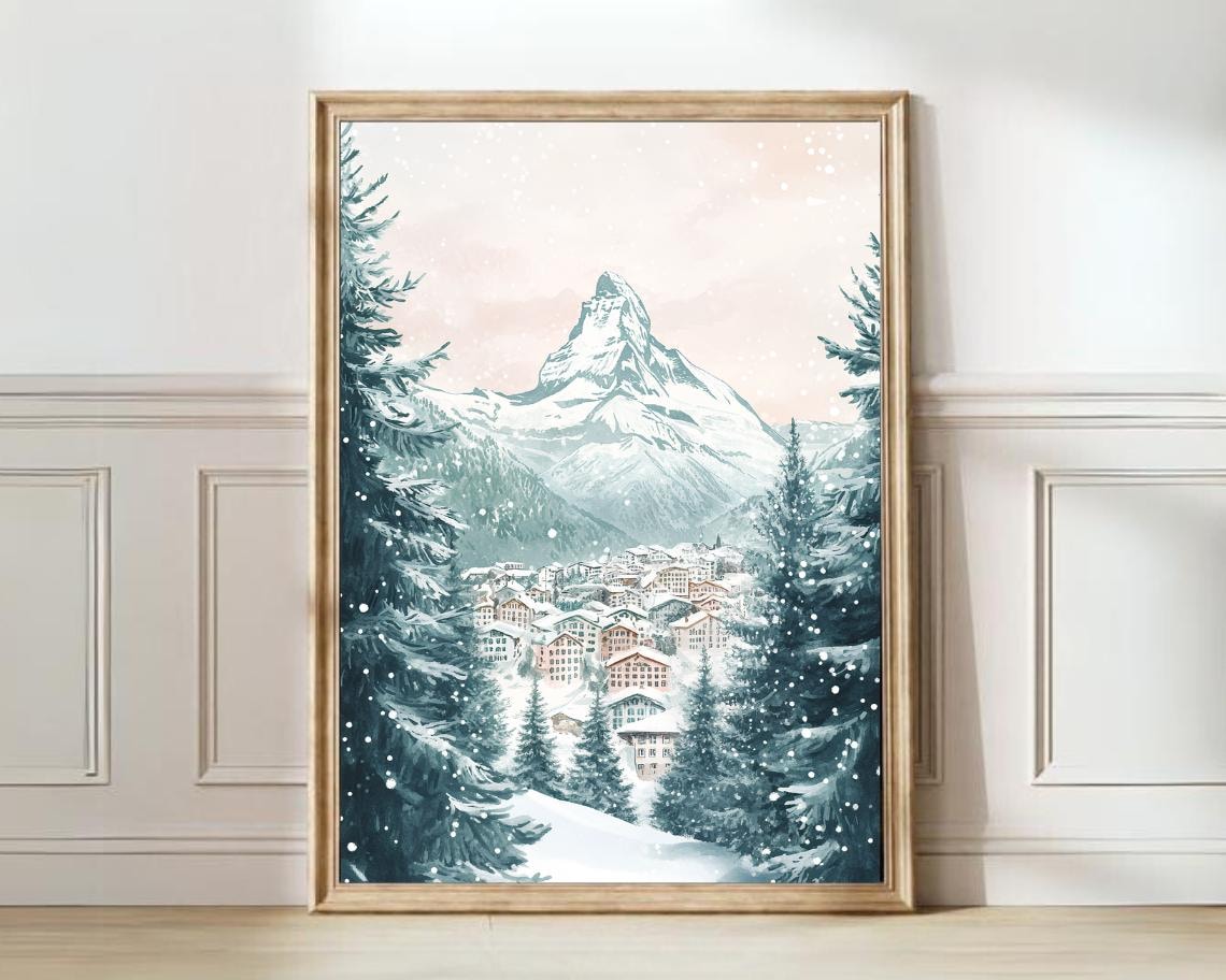 Matterhorn Alpine Village Falling Snow Watercolor Art Poster