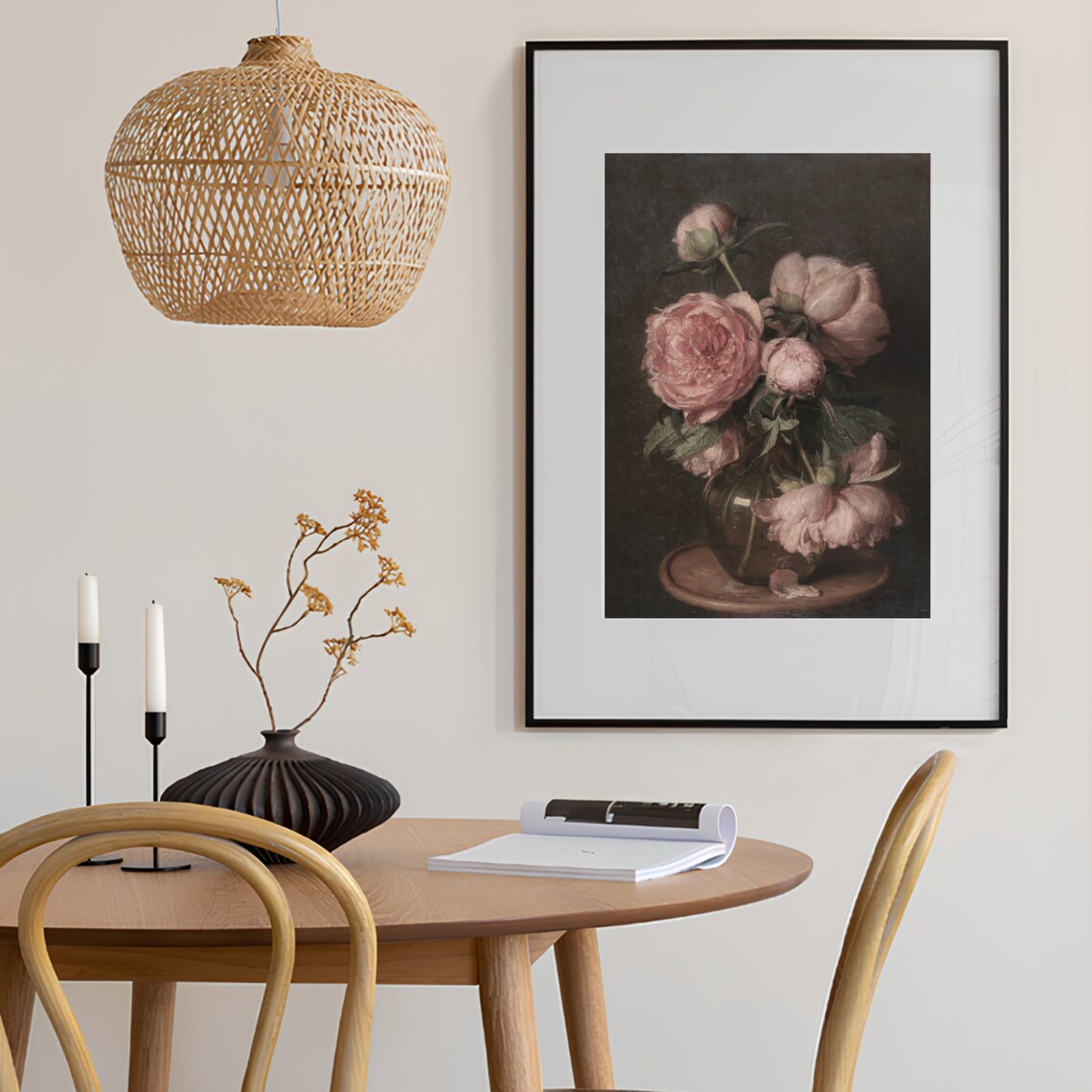 Blush Pink Peonies in Glass Vase Moody Vintage Floral Still Life Print - Image 2