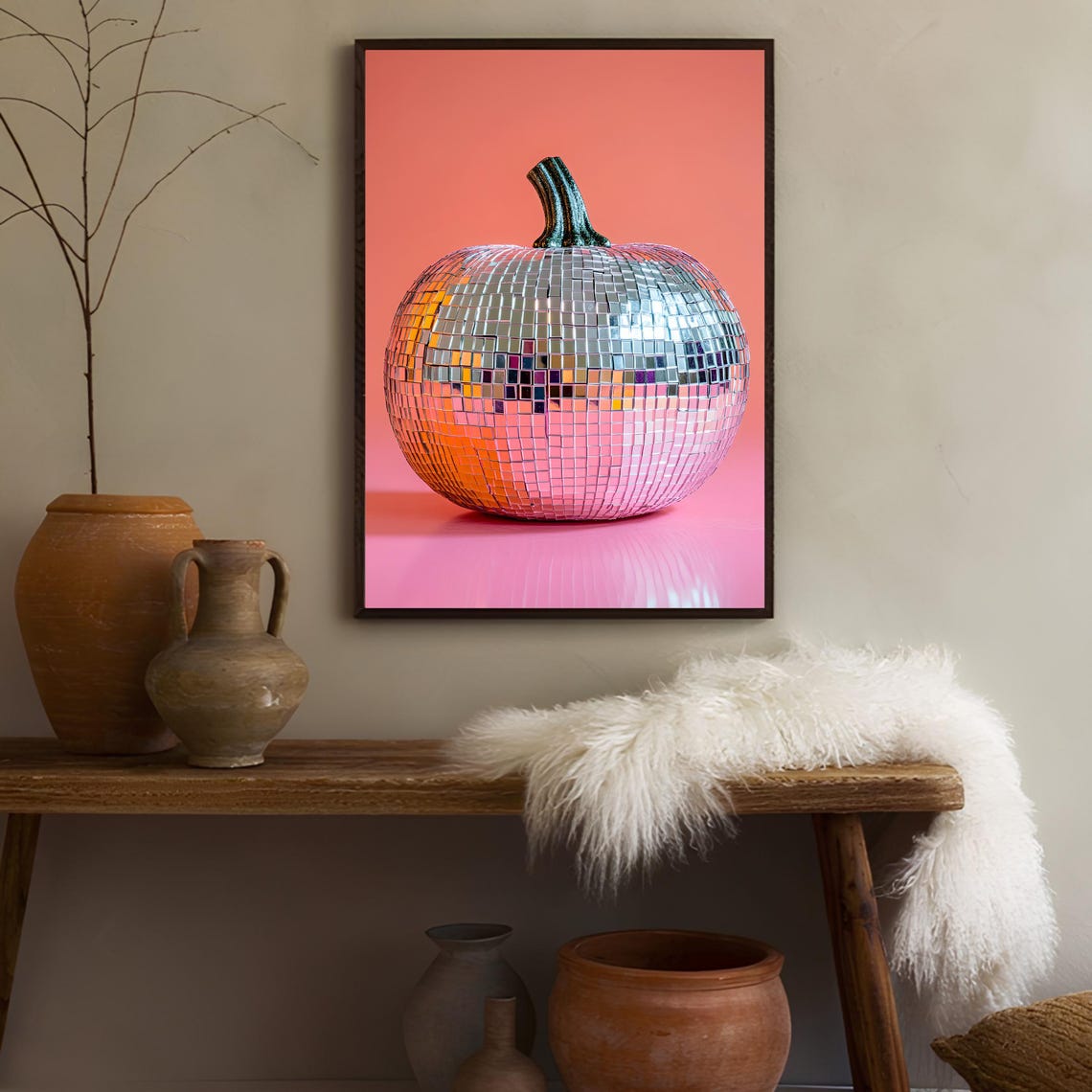 Silver Disco Ball Pumpkin Pink Fall Autumn Eclectic Wall Art - Image 5