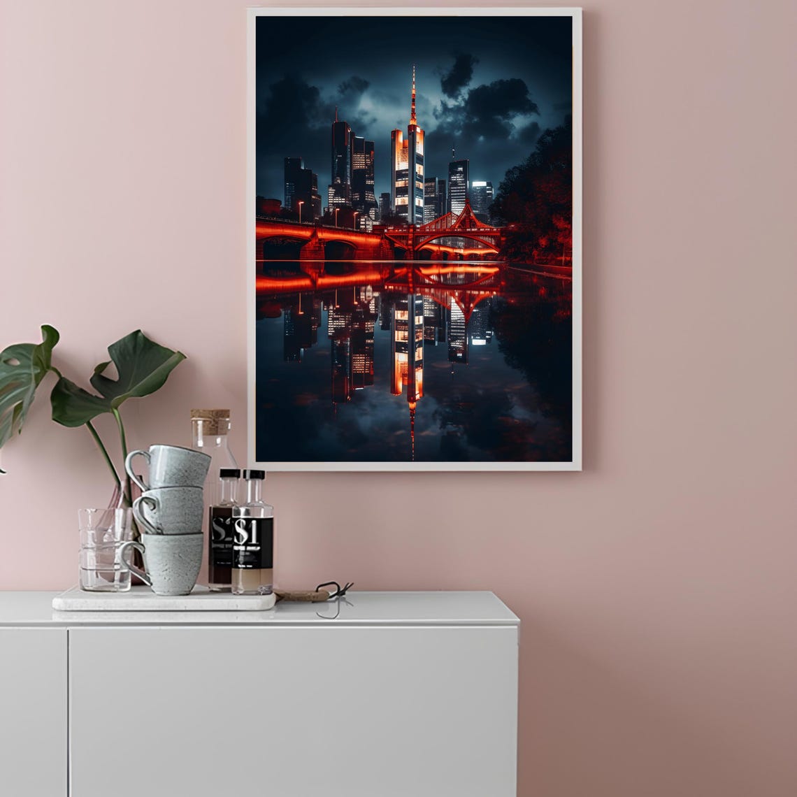 Frankfurt Germany Night Skyline Red Bridge River Reflection Art Poster - Image 2