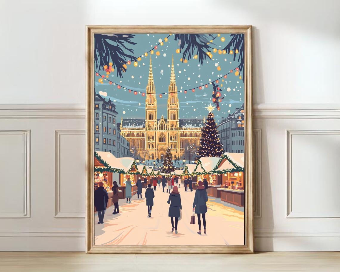 Festive Vienna Twin Spire Church Christmas Market Lights Poster