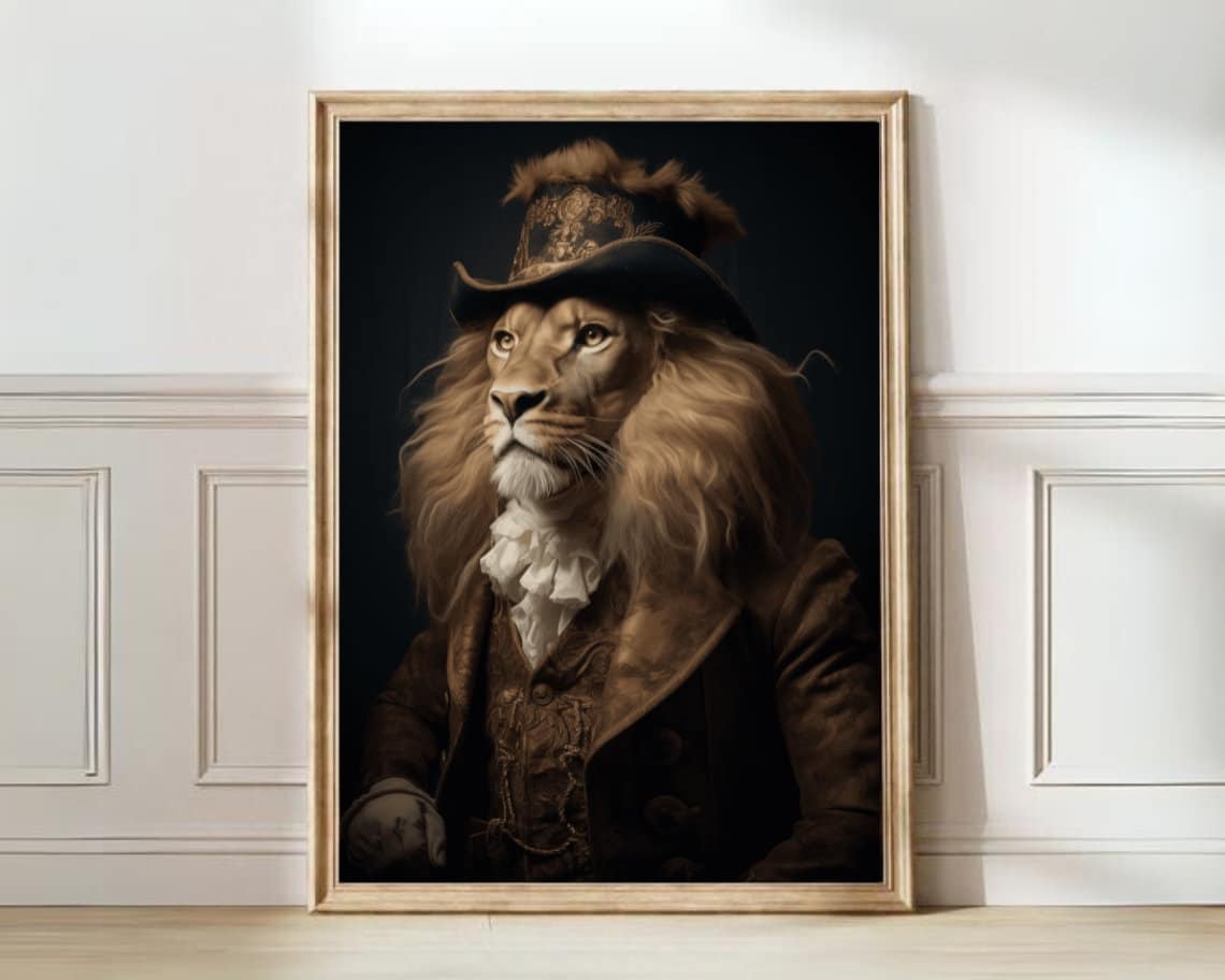 Victorian Lion Portrait Wearing a Top Hat Dark Moody Animal Poster