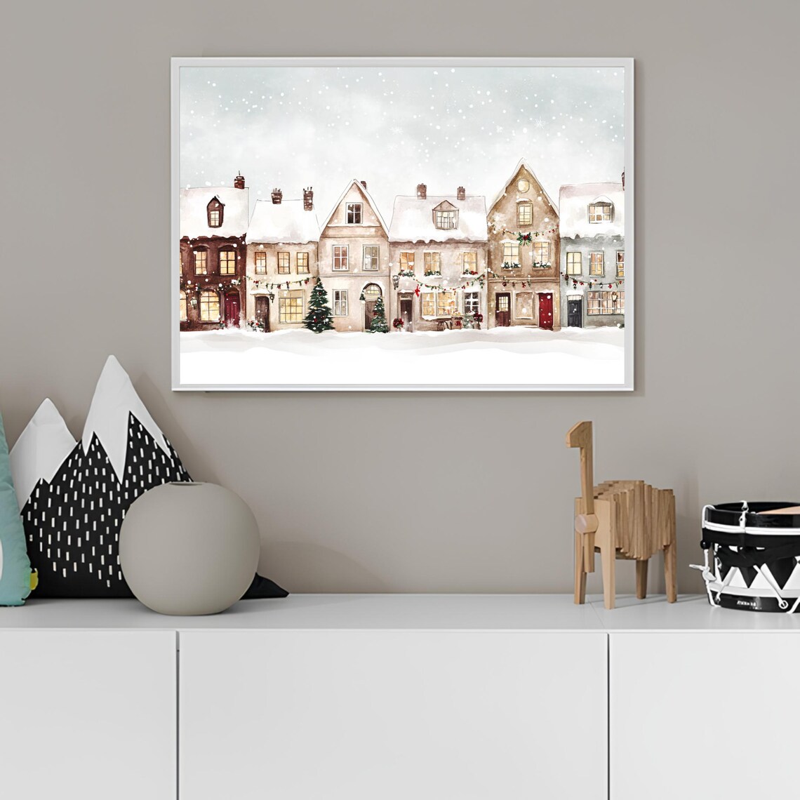 Snowy Christmas Village Street Watercolor Holiday Art Poster - Image 2