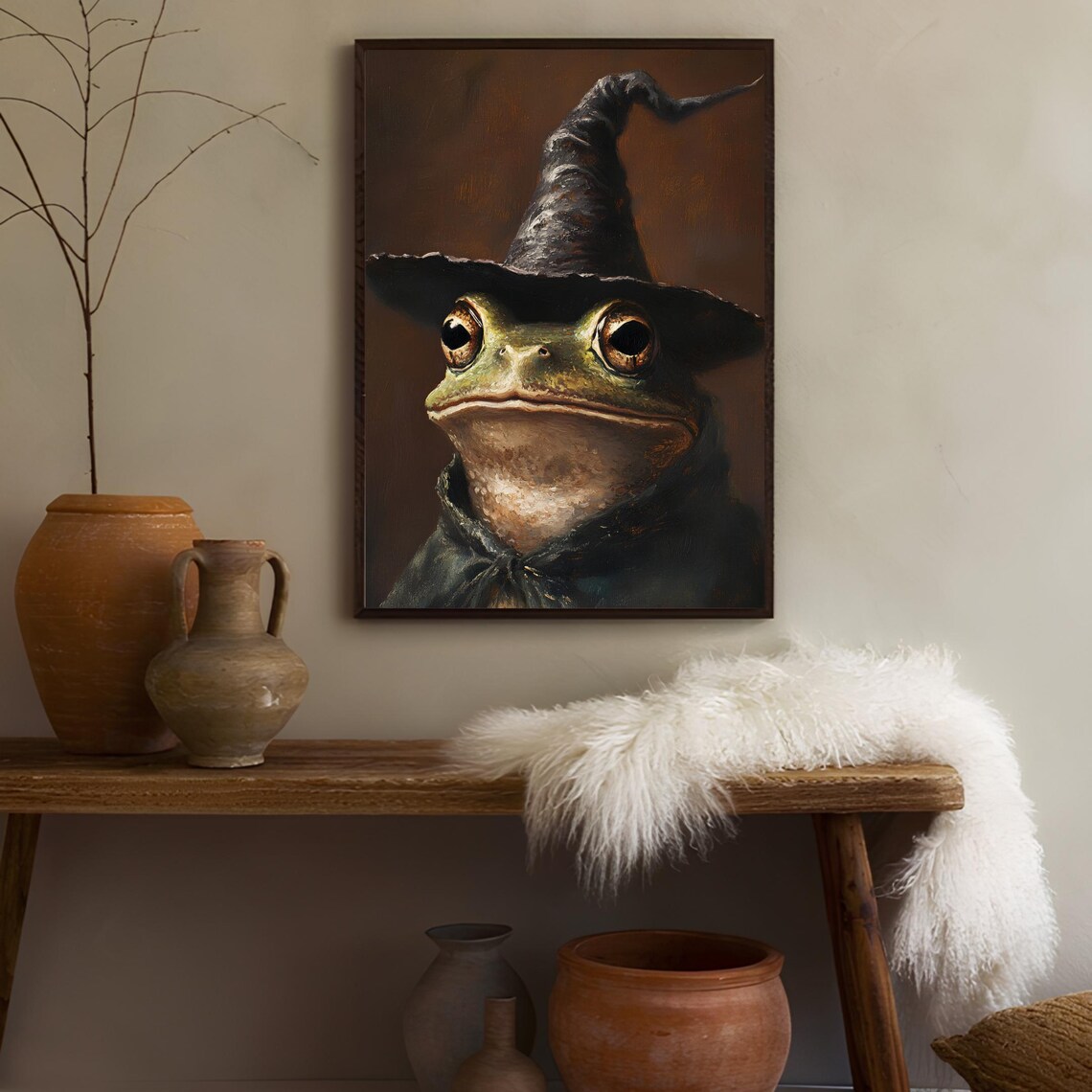 Vintage Frog Wearing Witch Hat Oil Painting Halloween Animal Poster - Image 3