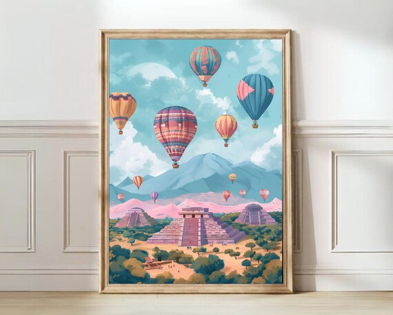 Mexico Hot Air Balloons Over Ancient Pyramids Colorful Travel Art Poster