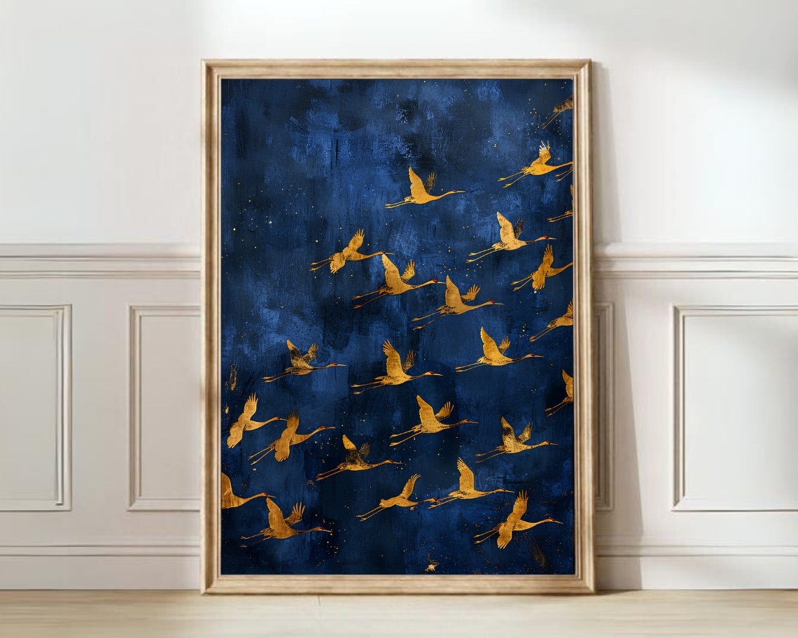Golden Cranes Flying Indigo Night Sky Minimalist Bird Poster