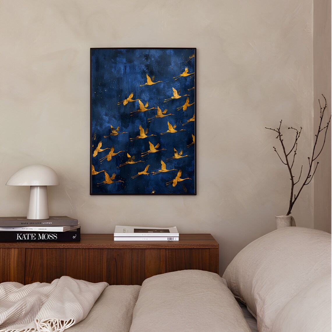 Golden Cranes Flying Indigo Night Sky Minimalist Bird Poster - Image 3