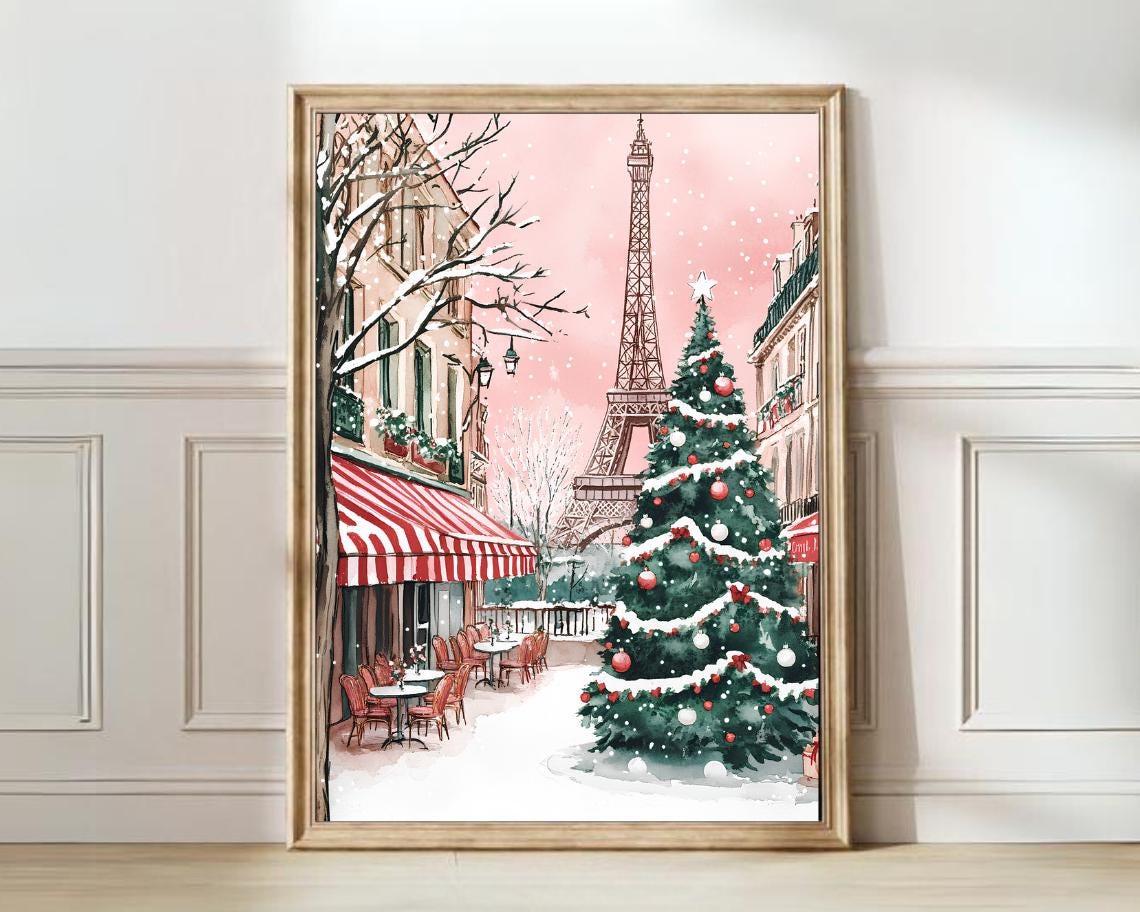 Eiffel Tower Snowy Paris Cafe Christmas Tree Watercolor Poster