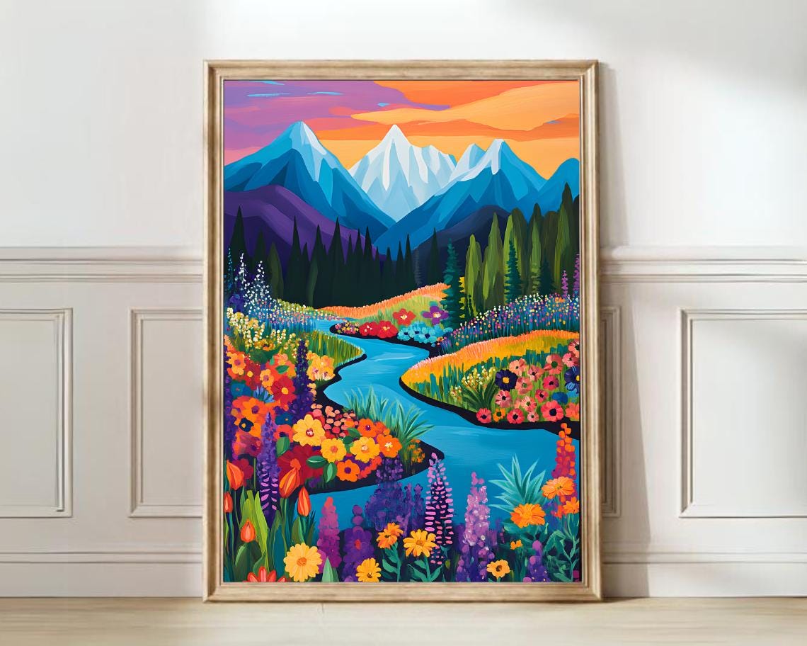 Wildflower Valley River Sunset Mountain Vibrant Nature Poster