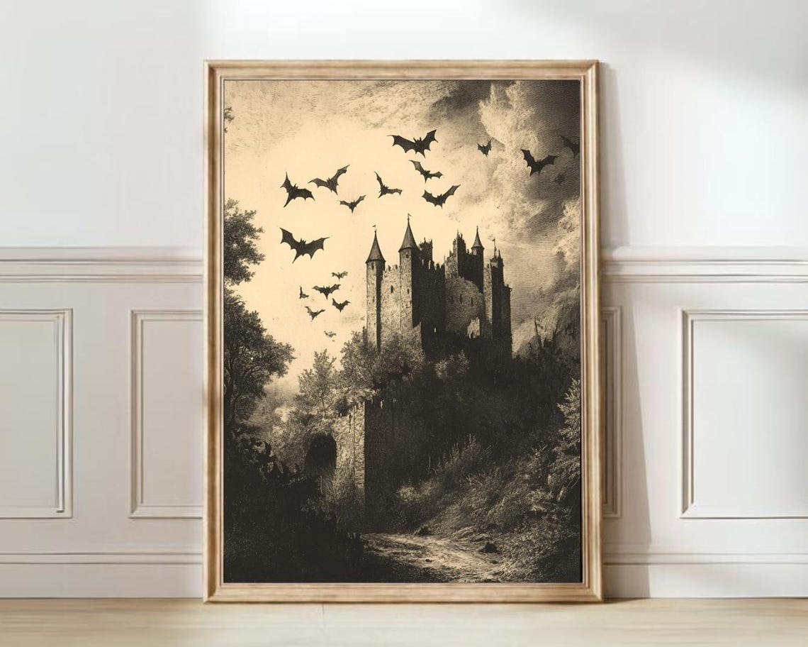 Haunted Castle Bats Sepia Vintage Etching Halloween Art Poster