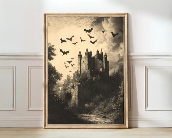 Haunted Castle Bats Sepia Vintage Etching Halloween Art Poster