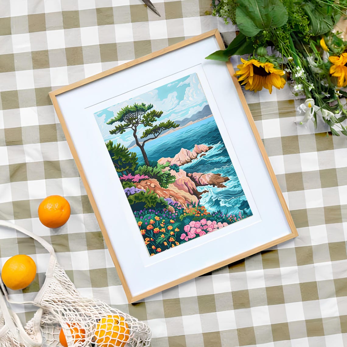 Greece Coastal Cliff Lone Cypress Tree Ocean Flowers Art Poster - Image 3