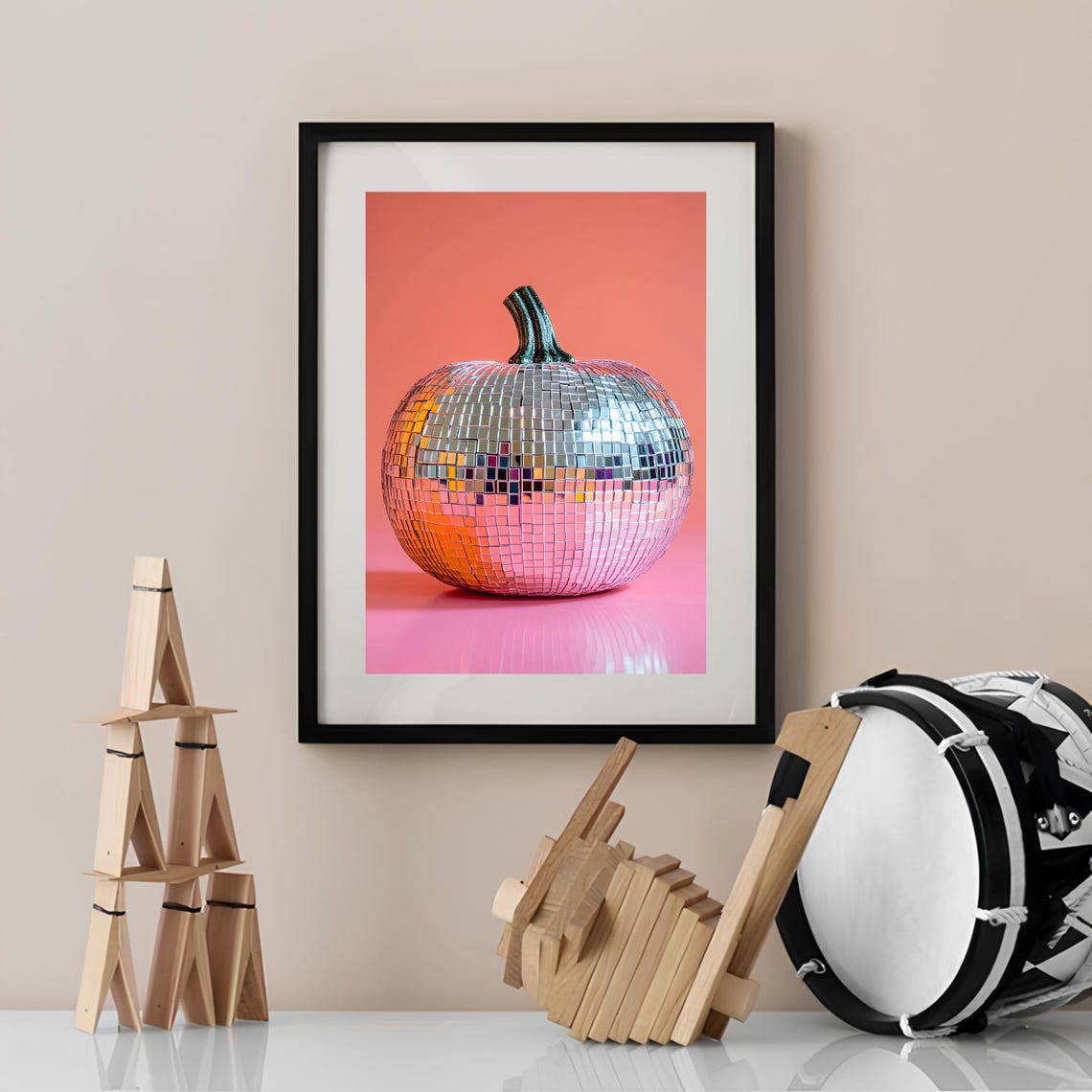 Silver Disco Ball Pumpkin Pink Fall Autumn Eclectic Wall Art - Image 4