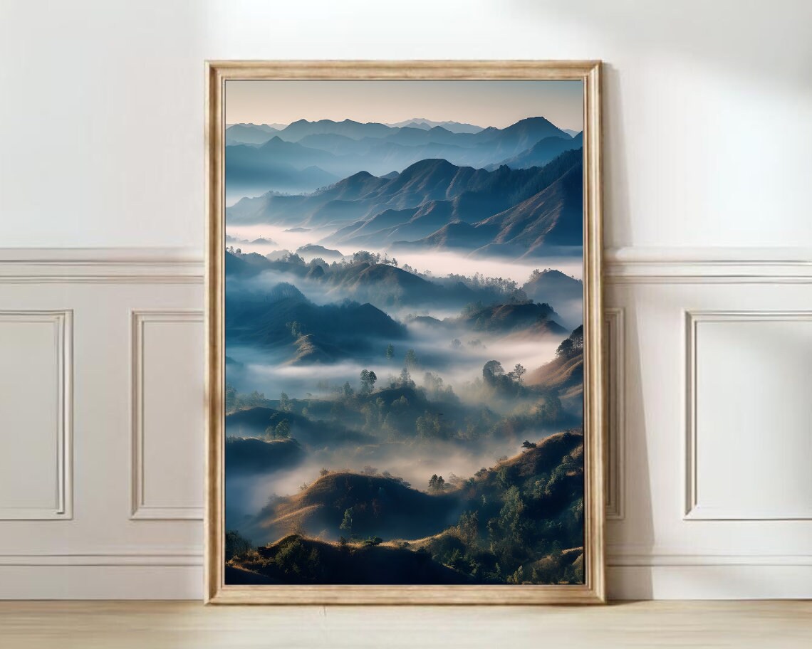 China Misty Blue Layered Mountains Foggy Morning Landscape Poster