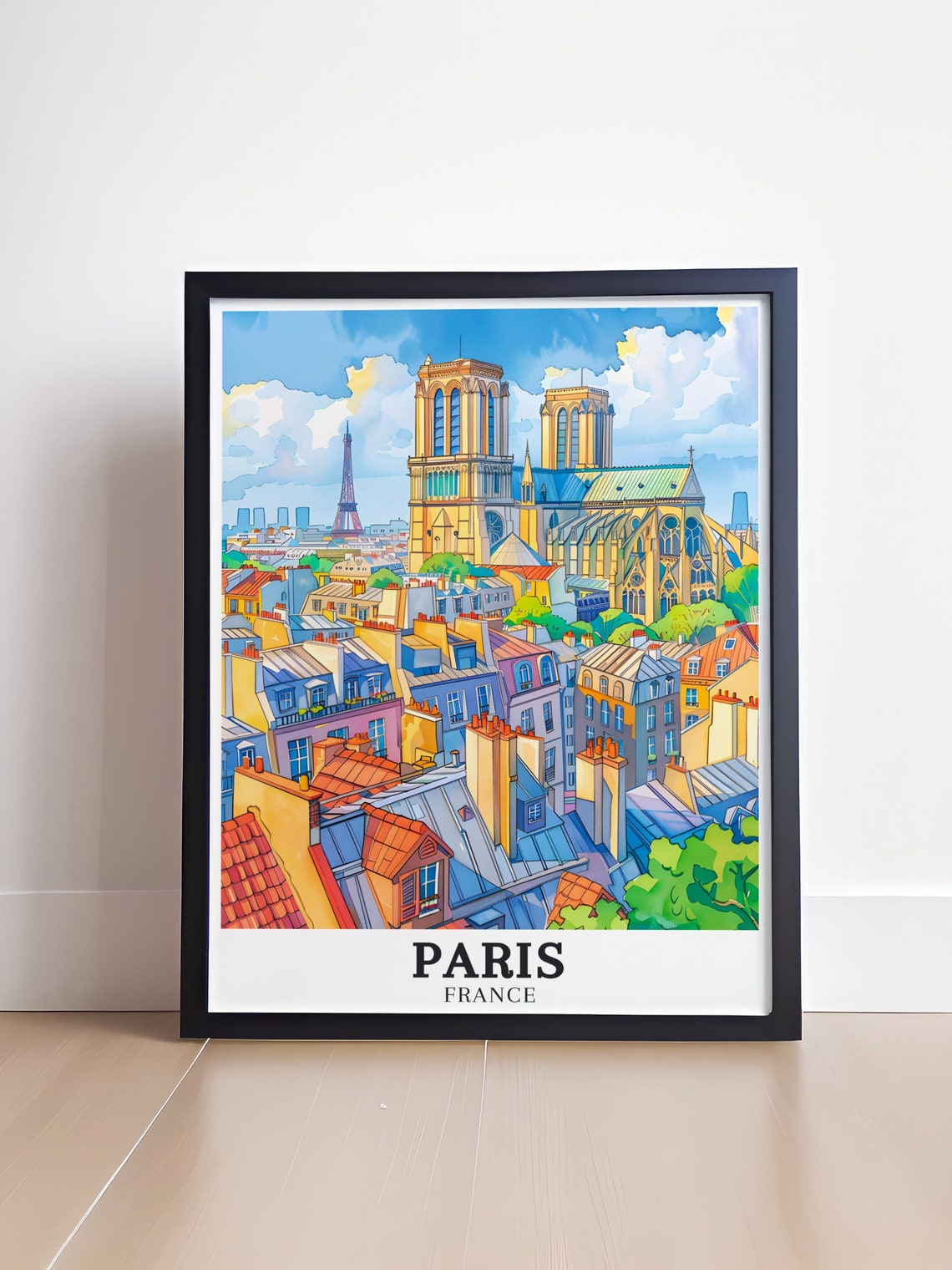 Notre Dame Cathedral Paris Rooftops Watercolor Travel Poster - Image 4