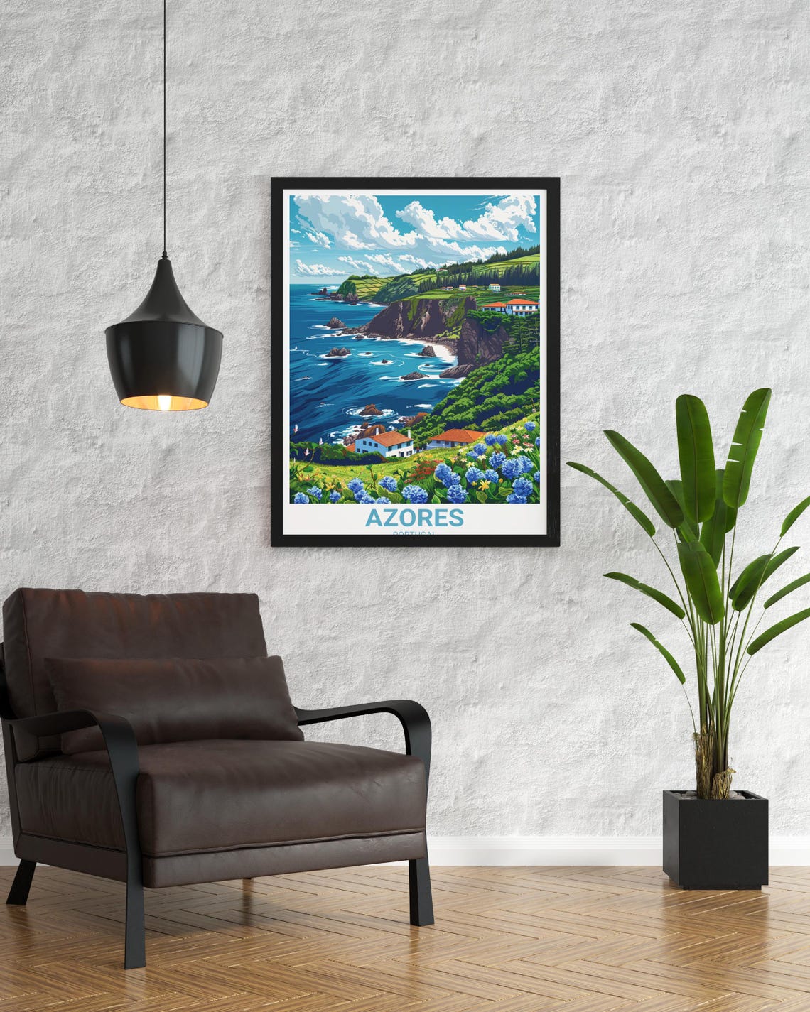 Azores Portugal Dramatic Cliffs Hydrangea Coast Travel Poster - Image 3