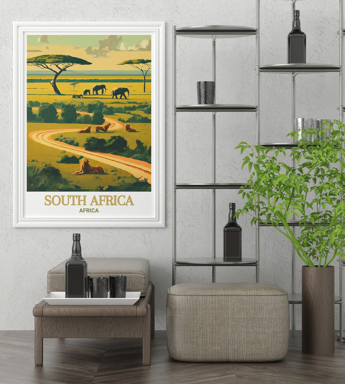South Africa Safari Savanna with Elephants and Lions Travel Poster - Image 2