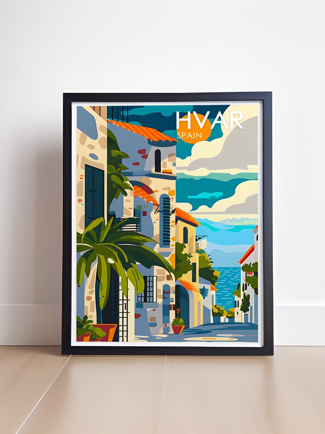 Hvar Mediterranean Old Town Street With Palms And Sea Poster - Image 4