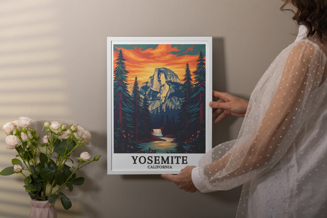 Yosemite Half Dome Fiery Sunset Pines River California Poster - Image 2