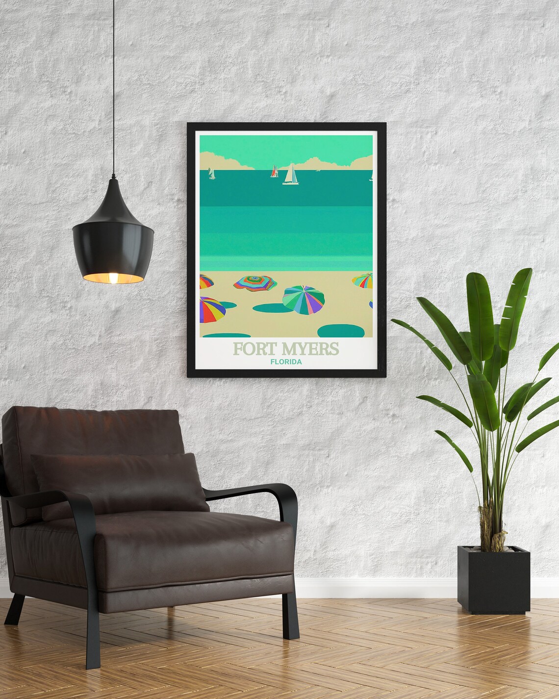 Fort Myers Beach Umbrellas Sailboats Minimalist Florida Travel Poster - Image 2