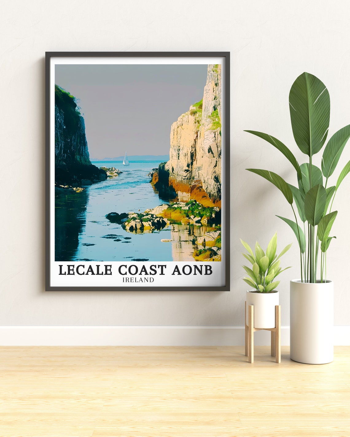 Lecale Coast AONB Rocky Cliffs Sailboat Ireland Travel Poster - Image 2