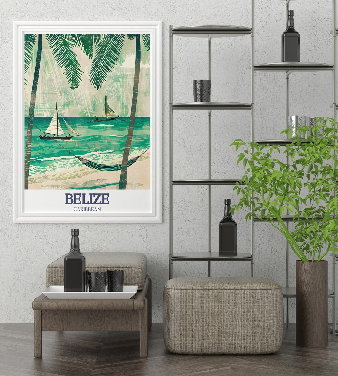 Belize Caribbean Beach Palm Hammock Sailboats Tropical Poster - Image 2