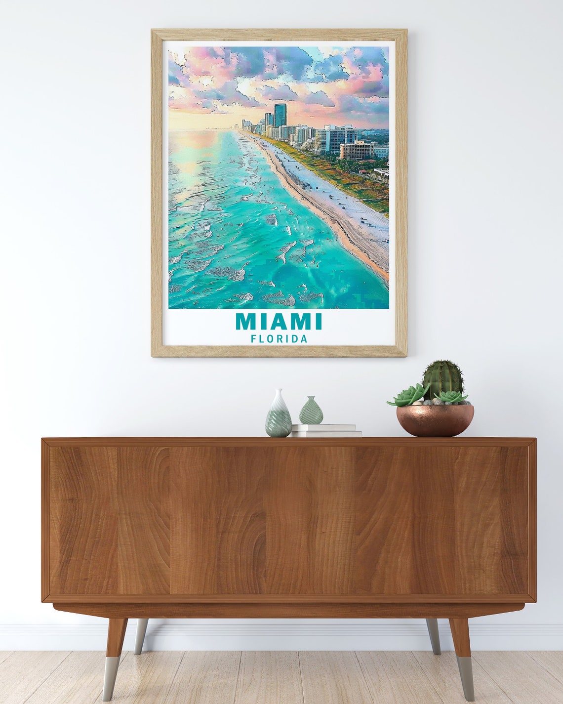Miami Florida Aerial Beach Sunset Skyline Soft Watercolor Poster - Image 3