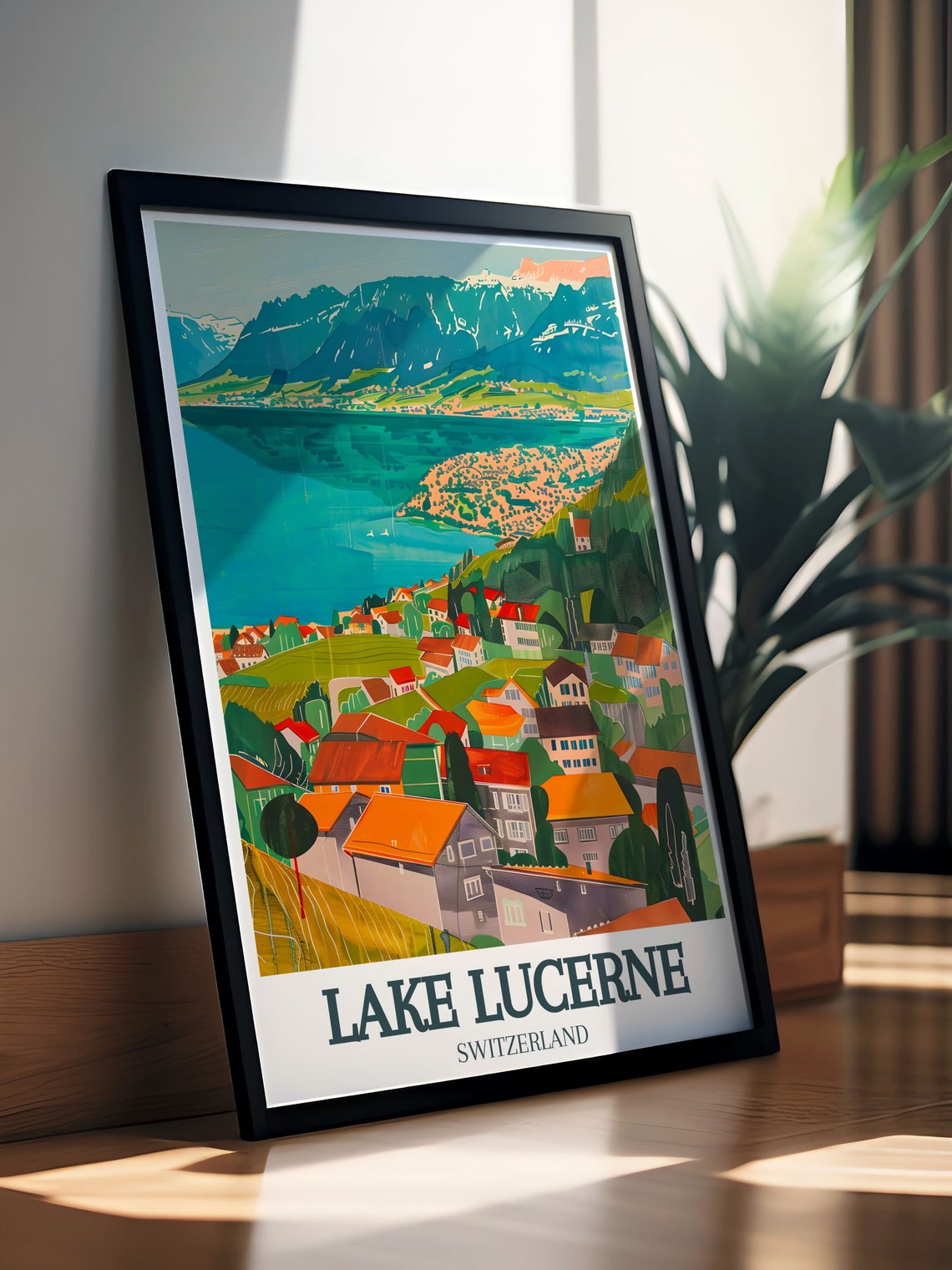 Lake Lucerne Hillside Chalets Alpine Peaks Lakeside View Poster - Image 2